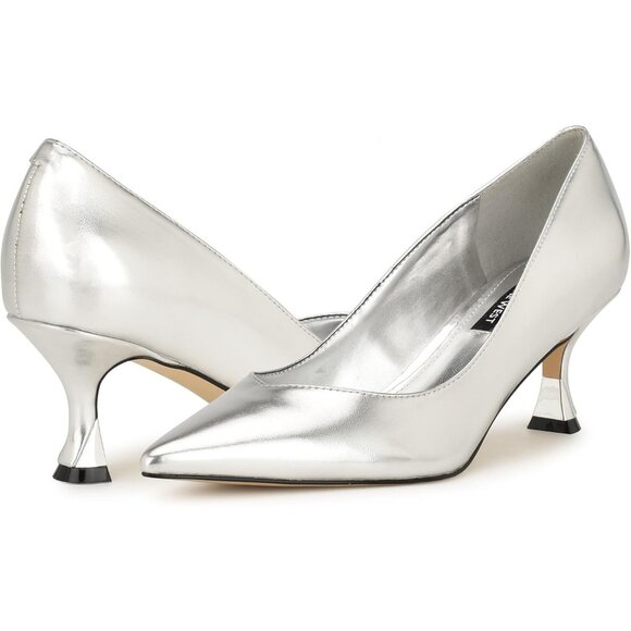 Nine West Womens Silver 040 Leather Closed Pointed Toe Kitten Heels Pumps Shoes - Picture 2 of 5